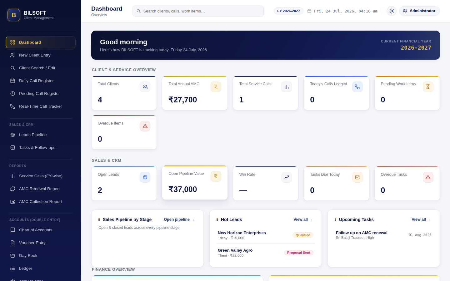 CRM dashboard with client, AMC and pipeline overview