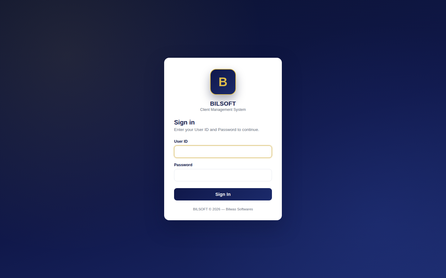 CRM sign-in screen