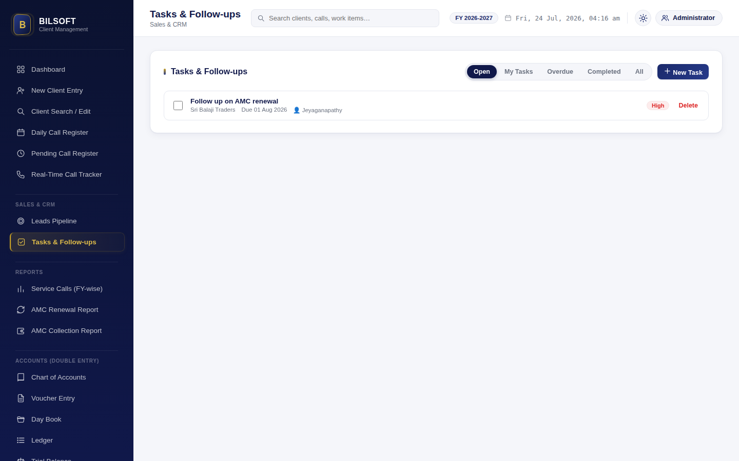 Tasks and follow-ups list with priority tags