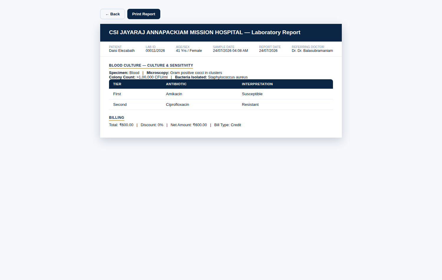 Printable laboratory culture and sensitivity report